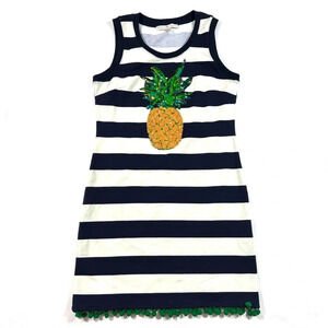 Boston Proper Sequin Pineapple Dress Blue Stripes Pom Pom Hem